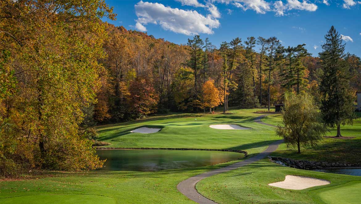 Cascades Golf Course at The Omni Homestead Resort, Hot Springs, Virginia, fairway winding through the Allegheny Mountains