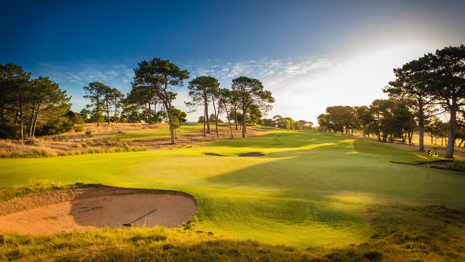 Glenelg Golf Club, fairway with revetted edge bunkering on sandy ground near the coast in Adelaide, South Australia, Australia