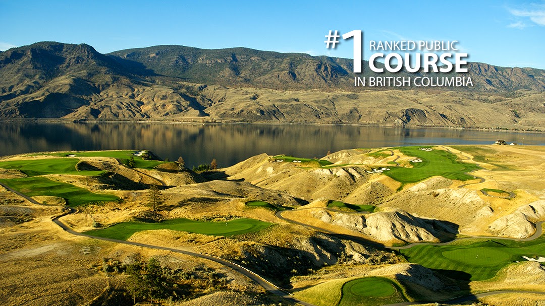 Tobiano Golf Course near Kamloops, a fairway running along the bluffs high above the blue water of Kamloops Lake, British Columbia, Canada