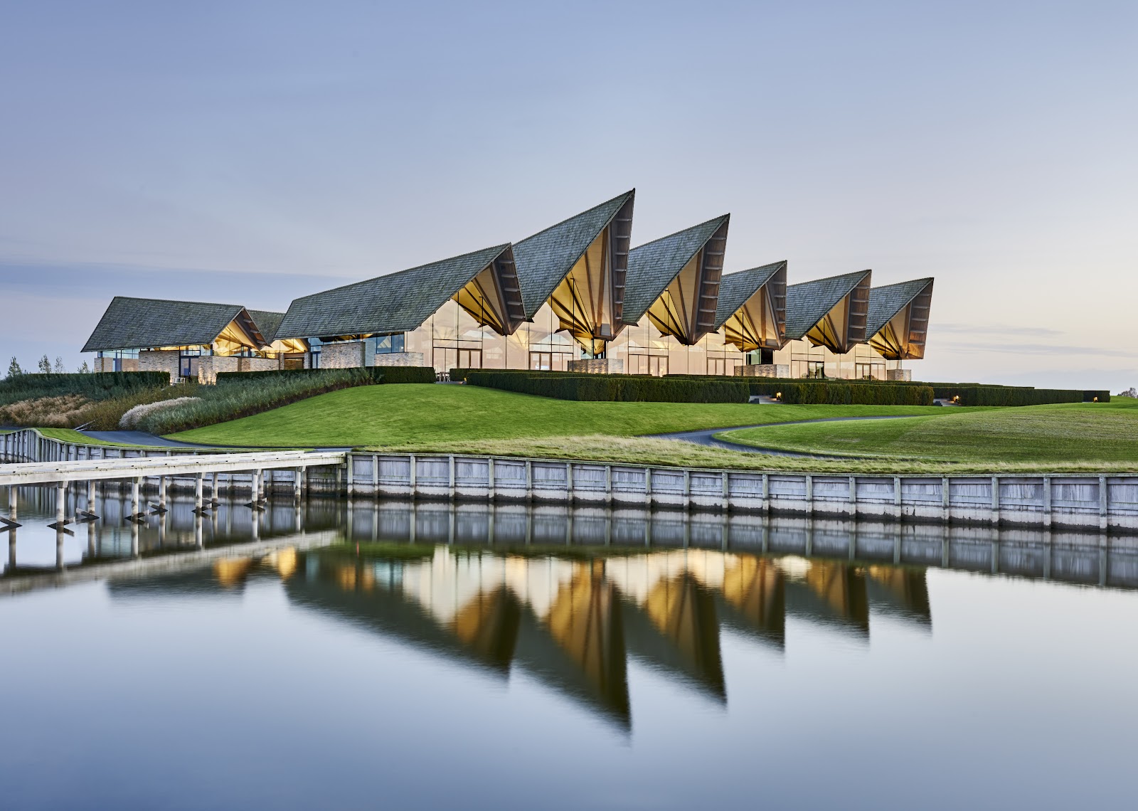 Great Northern Golf Course, Denmark, fairway threading between lakes on Funen