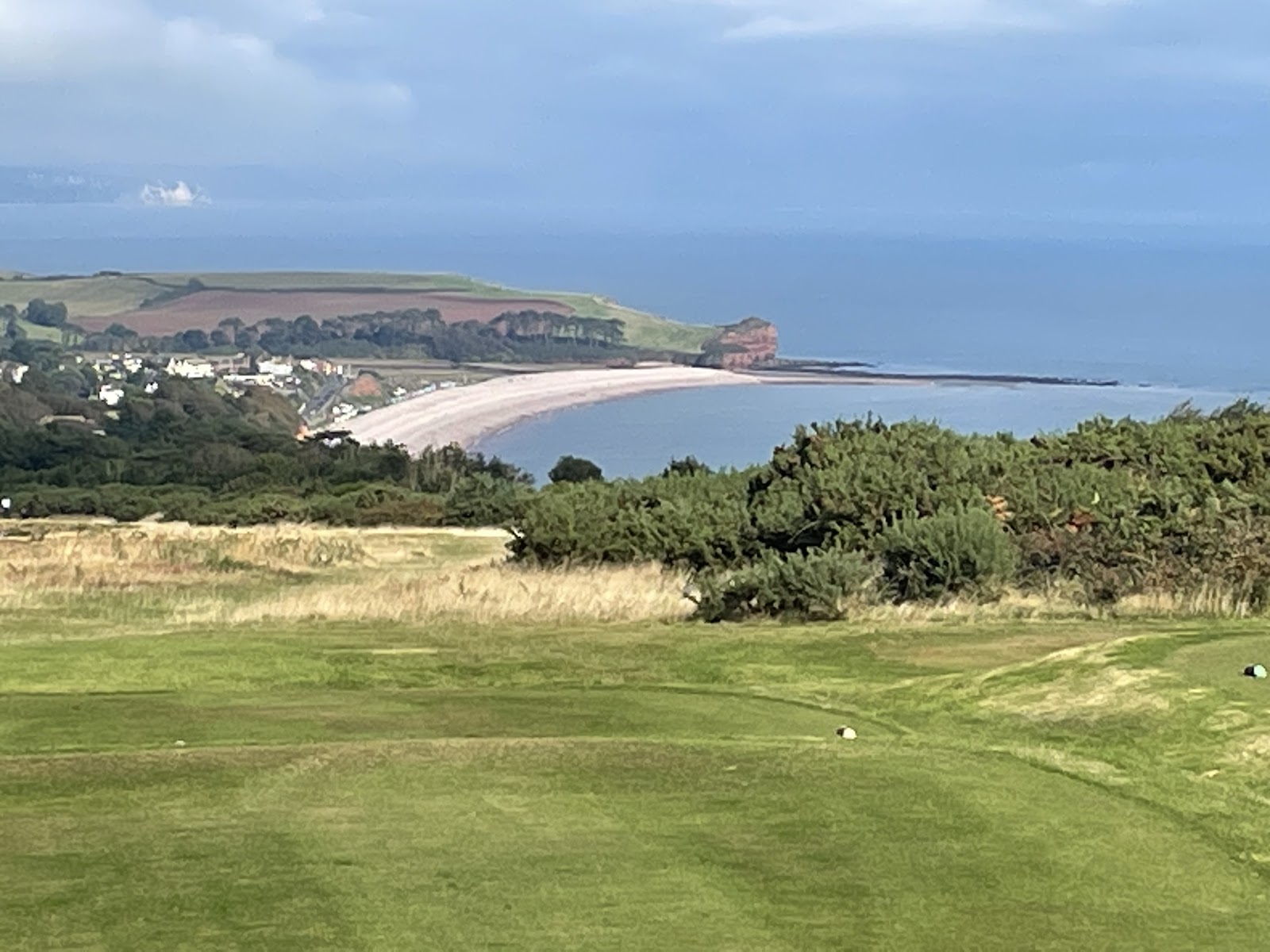 East Devon Golf Club, clifftop heathland fairway above Lyme Bay at Budleigh Salterton, England