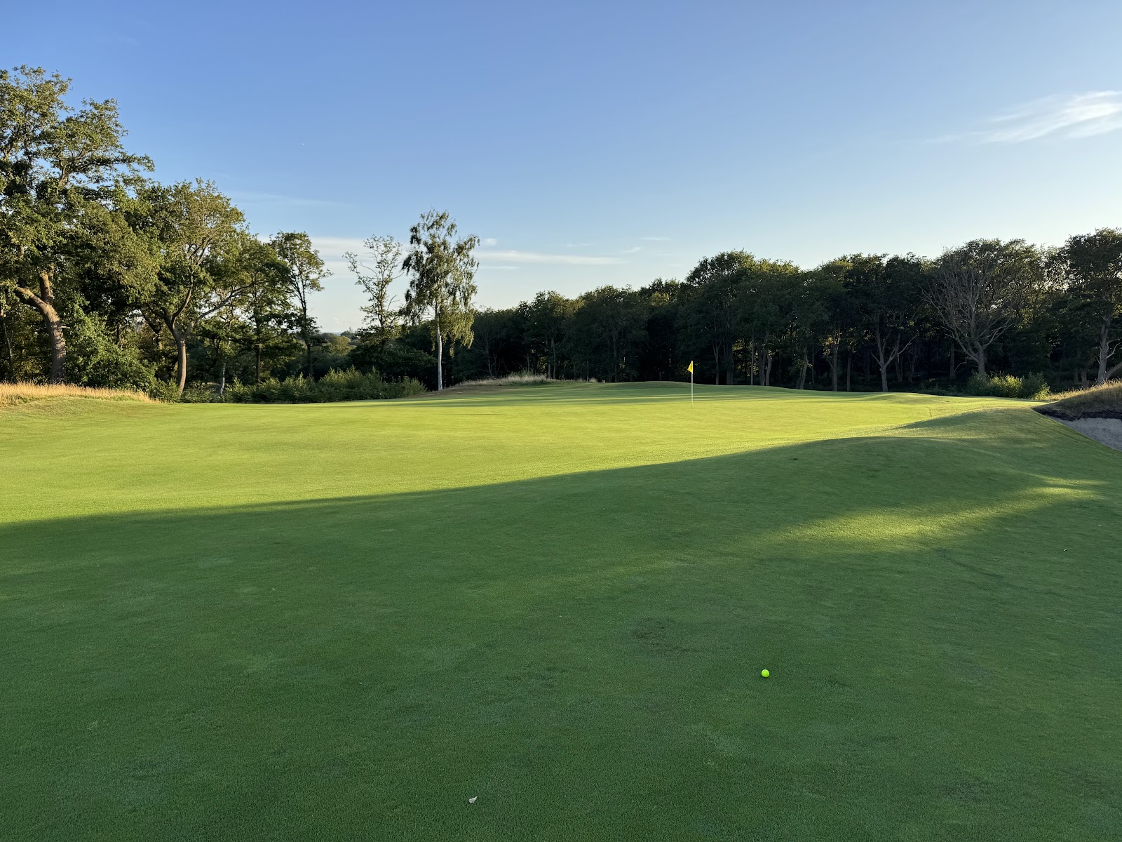 Royal Wimbledon Golf Club, heather and silver birch lining a heathland fairway on the edge of Wimbledon Common, London, England