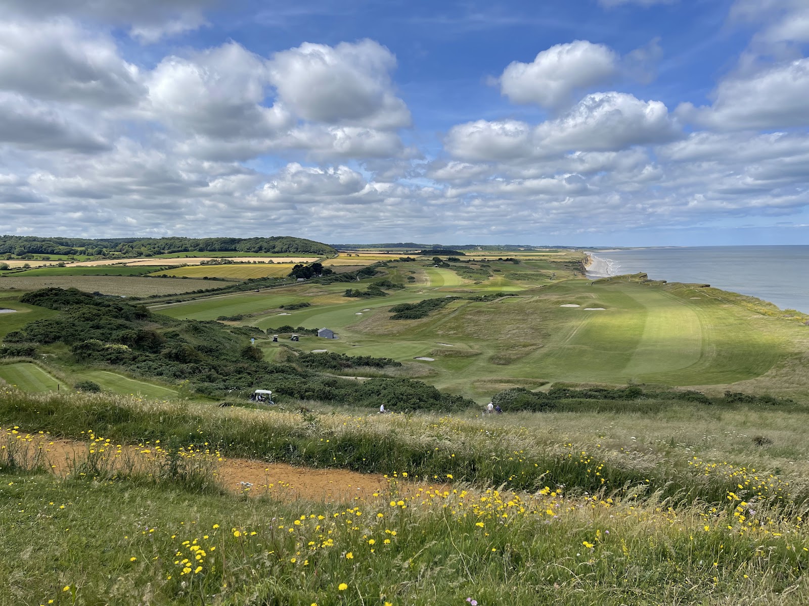 Sheringham Golf Club, clifftop fairway and green above the North Sea in North Norfolk, England