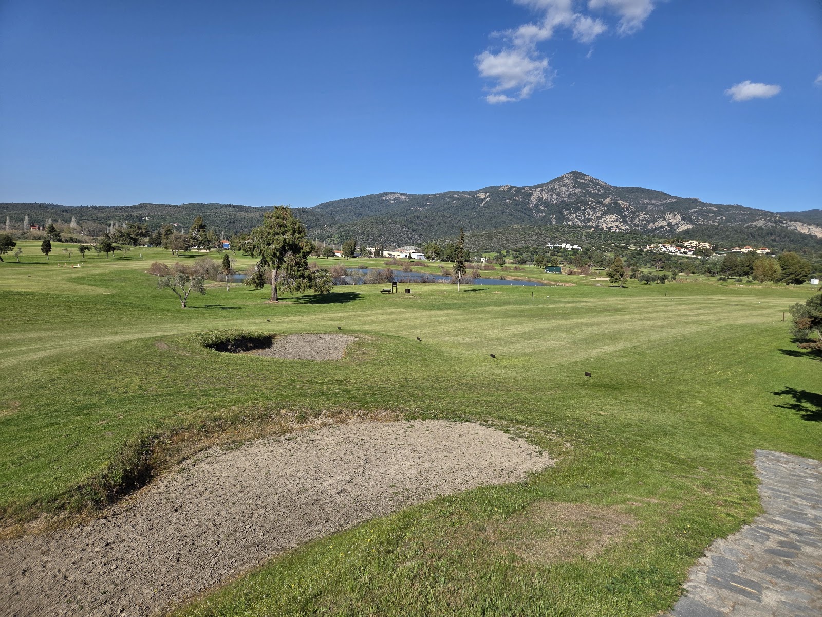 Porto Carras Golf Club fairways running between vineyards and the Aegean on the Sithonia peninsula of Halkidiki, Greece