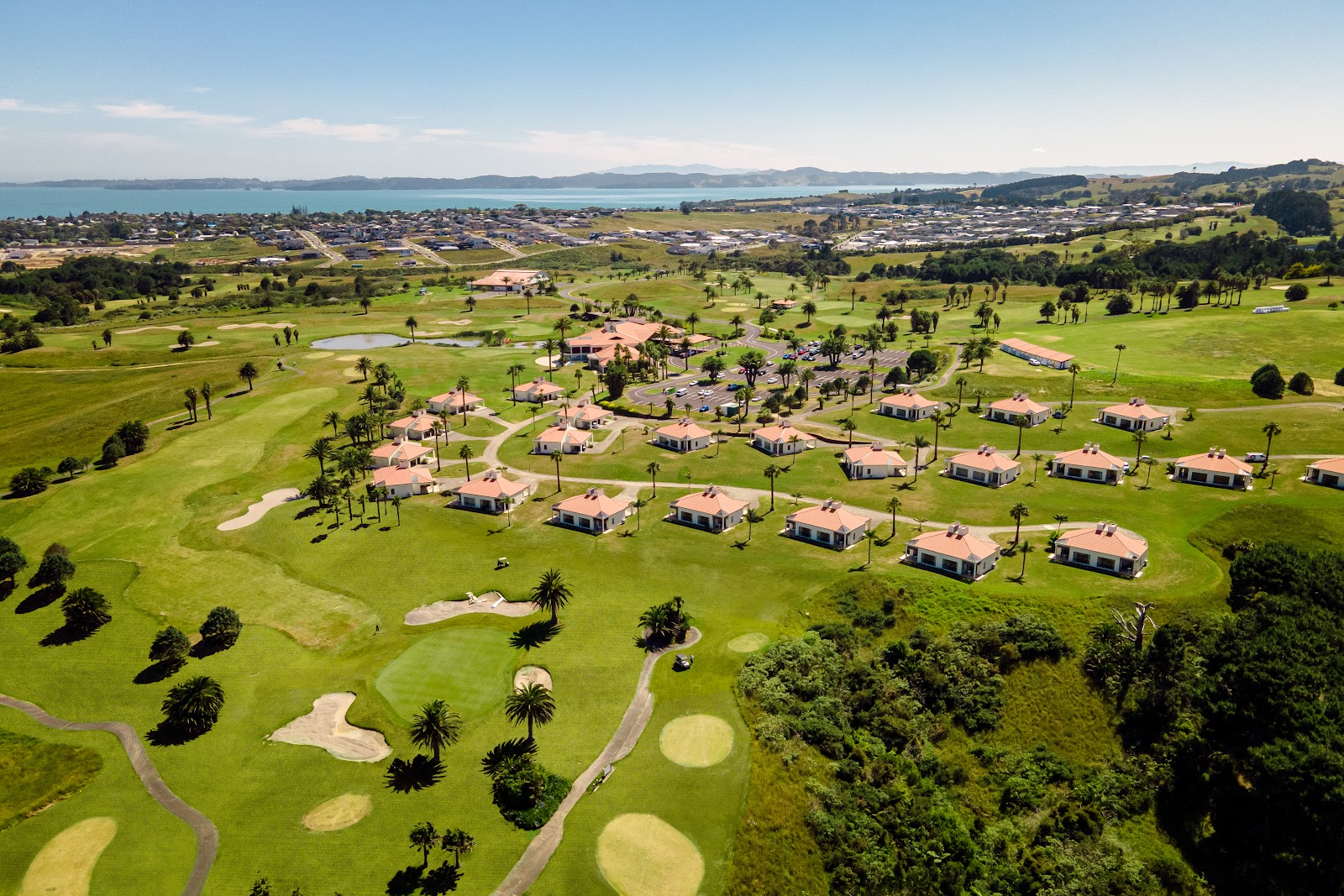 Formosa Golf Resort, broad championship parkland fairways and water near Beachlands, Auckland, New Zealand