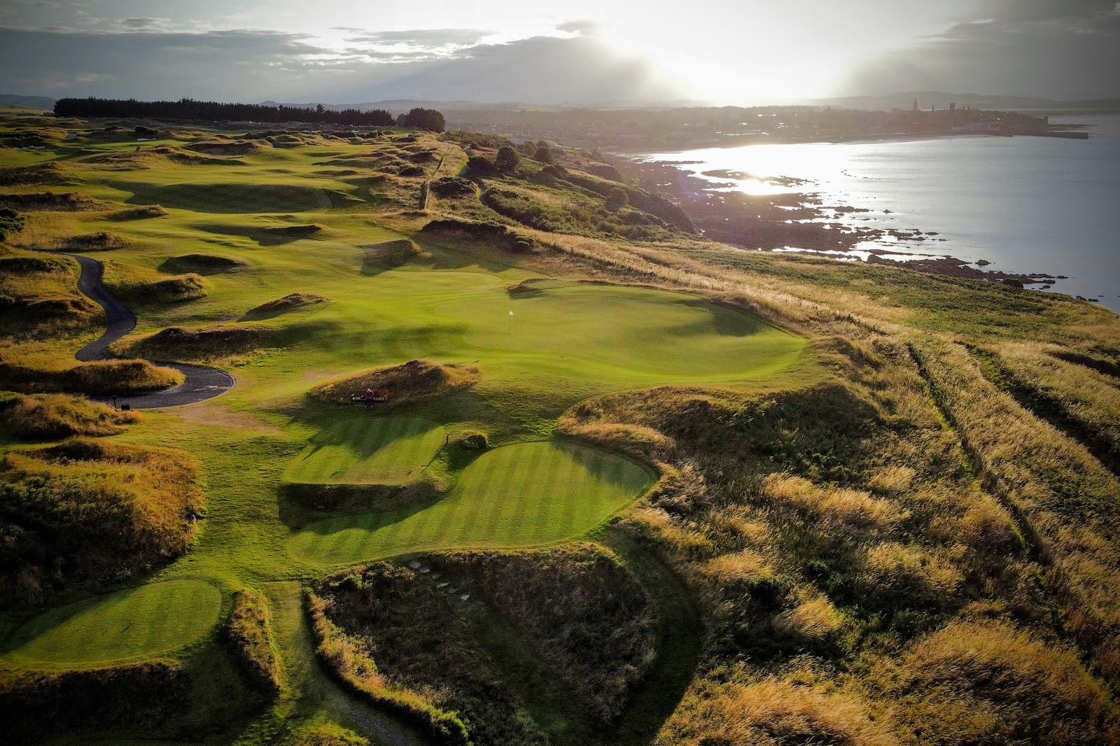 Castle Course at St Andrews Links, clifftop fairways above St Andrews Bay and the North Sea in Fife, Scotland