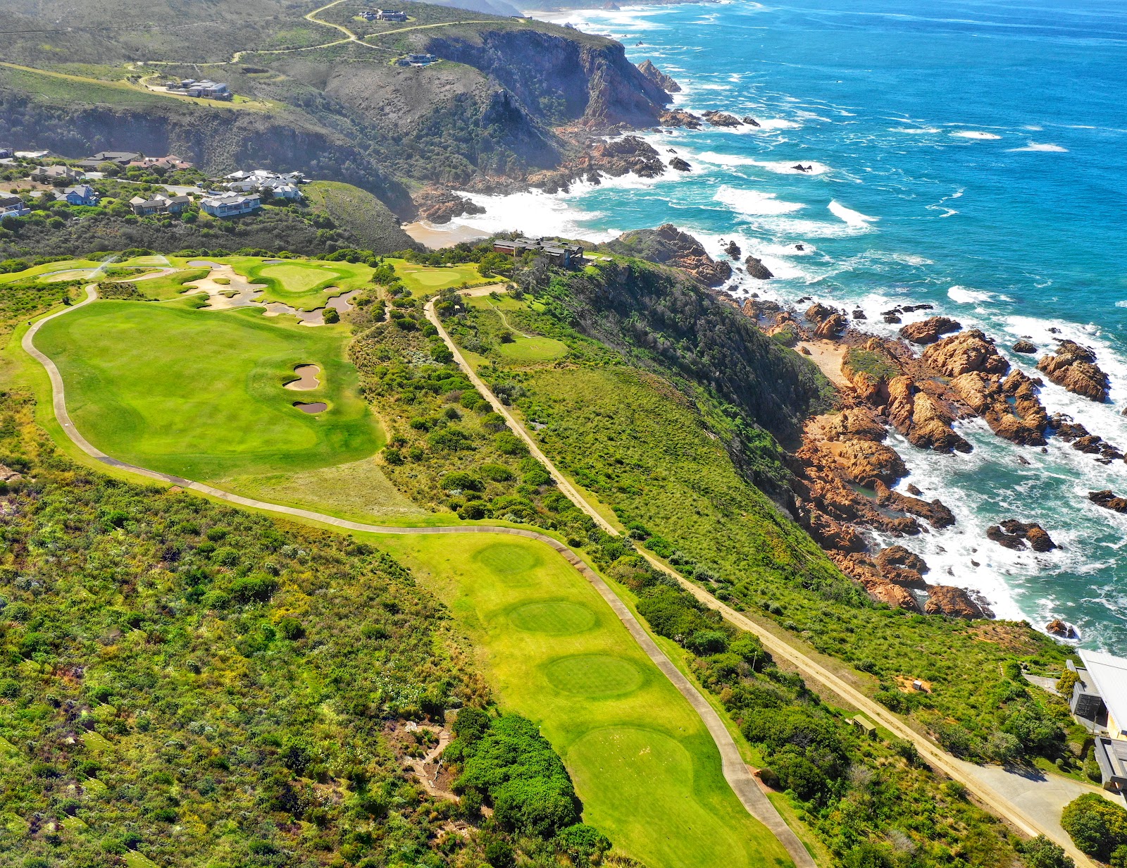 Pezula Championship Course fairways on the clifftops above Knysna lagoon and the Indian Ocean, South Africa