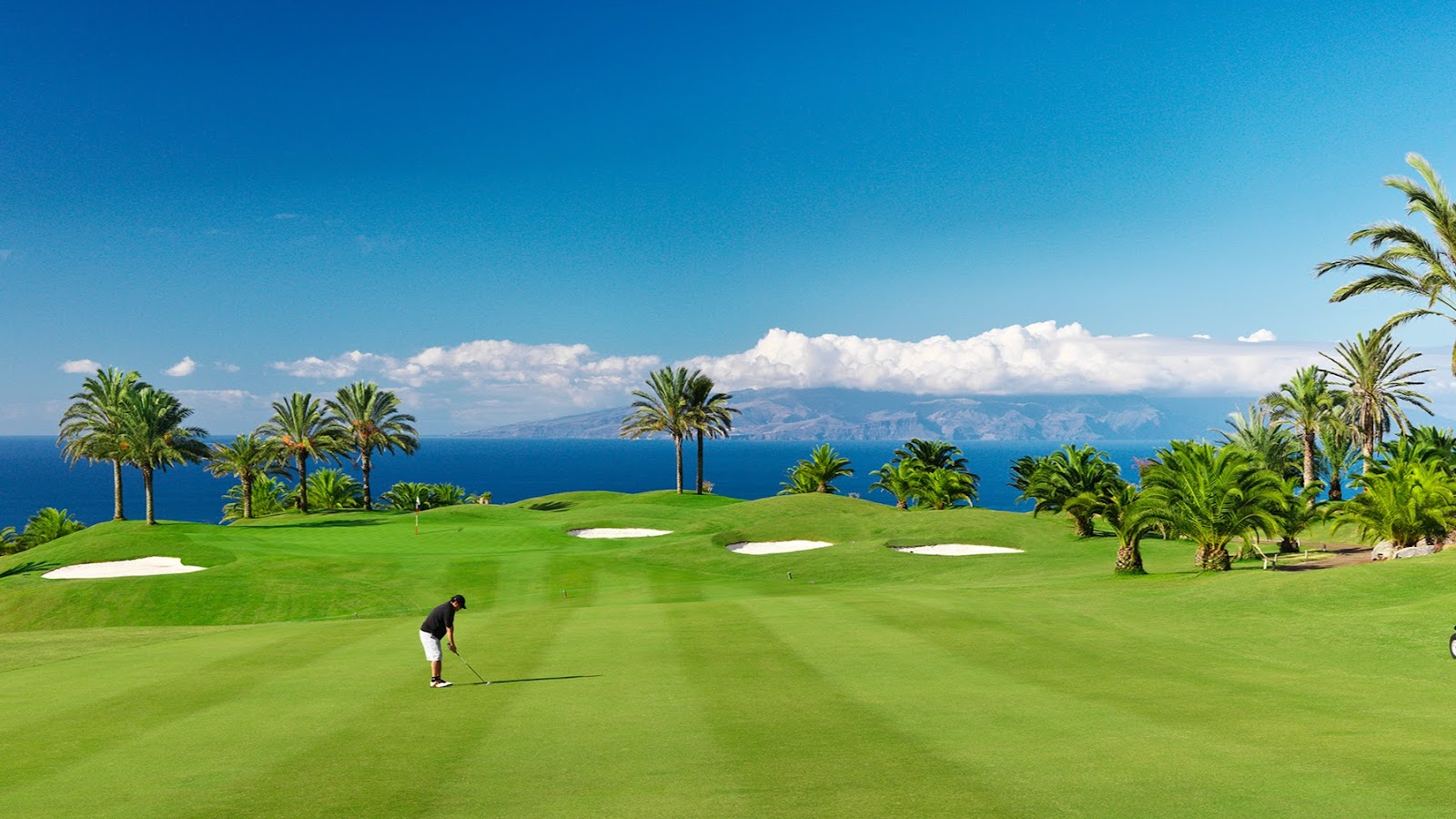 Abama Golf, terraced fairways and lakes on the volcanic slopes below Mount Teide, Tenerife, Canary Islands