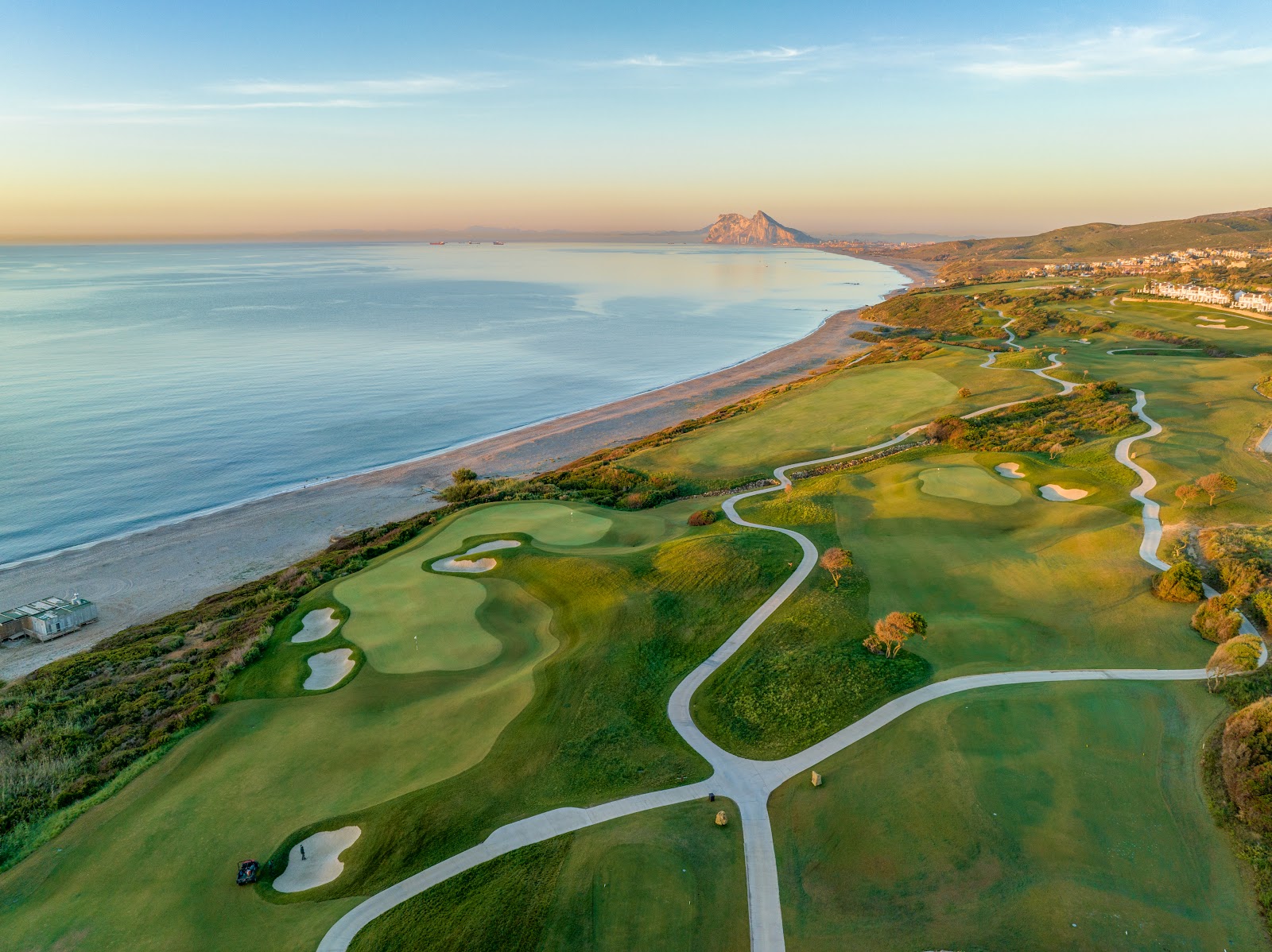 Alcaidesa Links at La Hacienda, seaside links fairway along the Mediterranean near San Roque with Gibraltar beyond, Spain