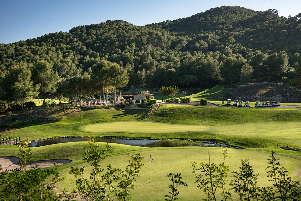 Golf de Andratx, fairway among olive groves and hills at Camp de Mar, Mallorca, Spain