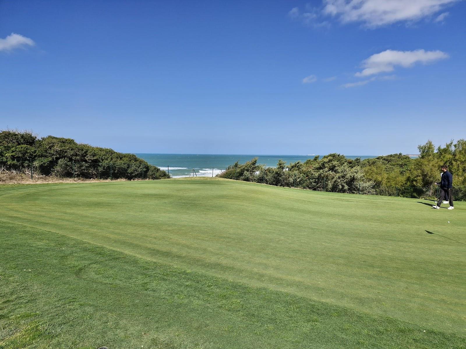 Novo Sancti Petri, fairway between umbrella pines toward the Atlantic at Chiclana de la Frontera, Cadiz, Spain
