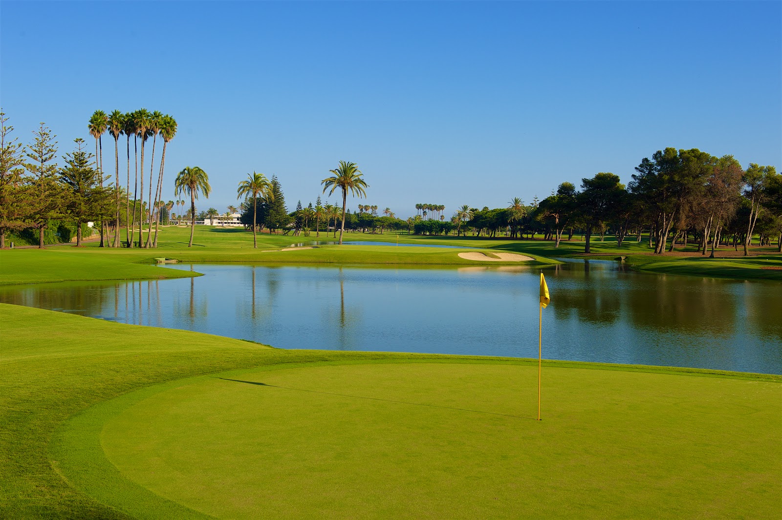 Real Club de Golf Sotogrande, Andalucia, Spain, green and lake framed by palms and white bunkers