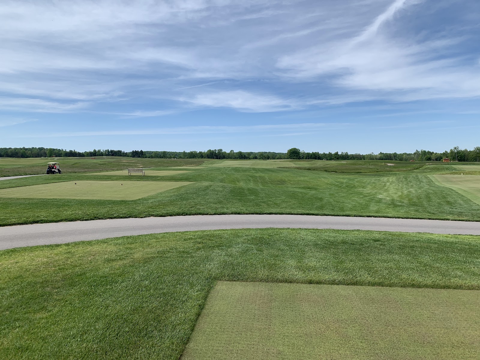 Arcadia Bluffs South Course, square greens and geometric bunkering on open inland ground near Bear Lake, Michigan