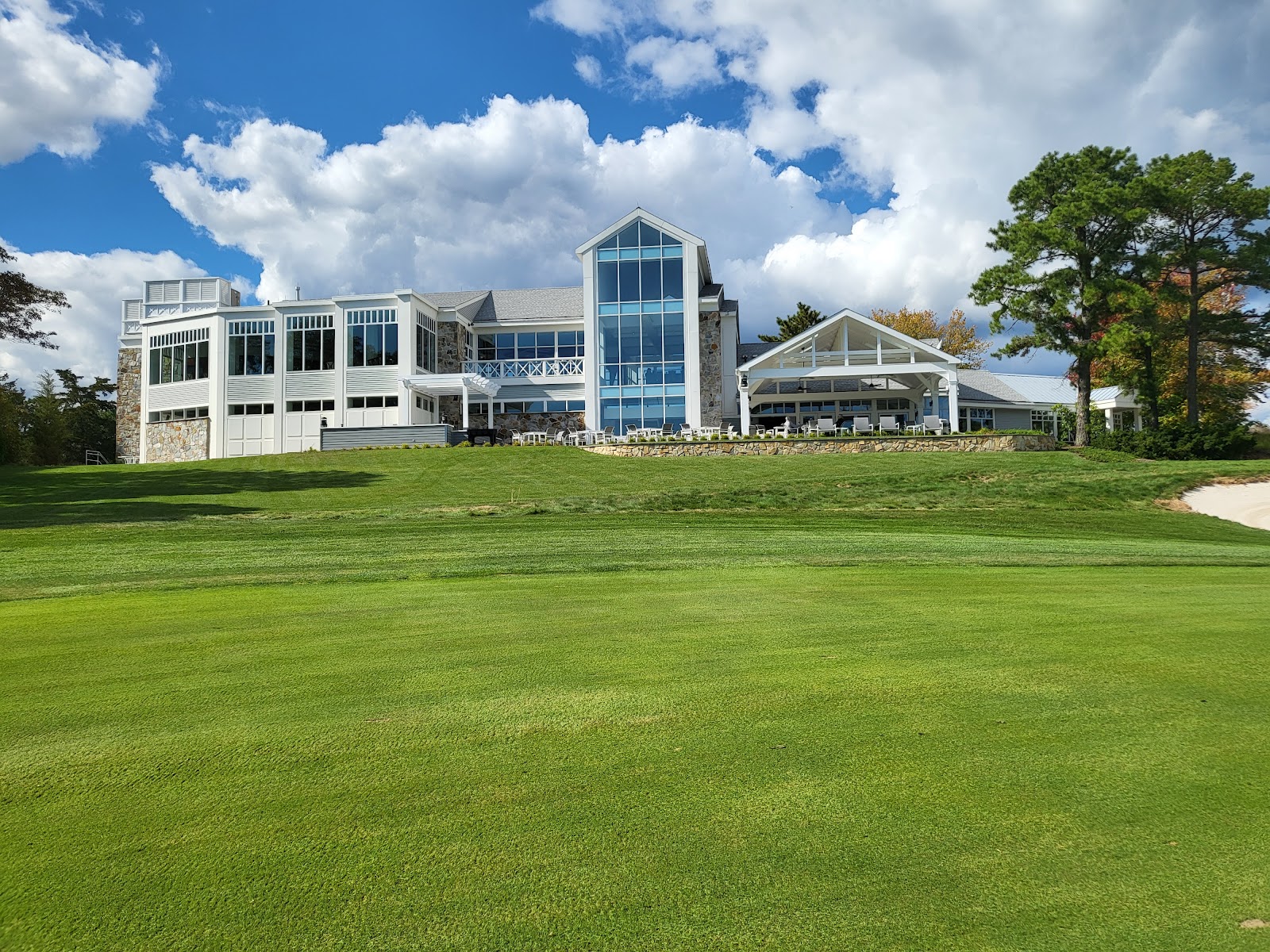 Galloway National Golf Club, a Tom Fazio fairway along Reeds Bay marshland with the Atlantic City skyline beyond, Absecon, New Jersey