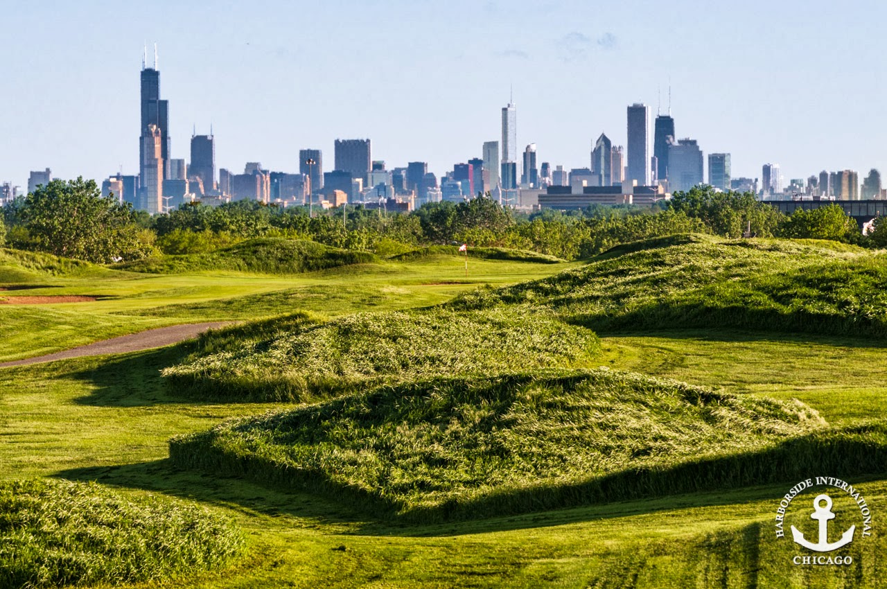 Harborside International Port Course, treeless links fairway and fescue on Chicago's south side