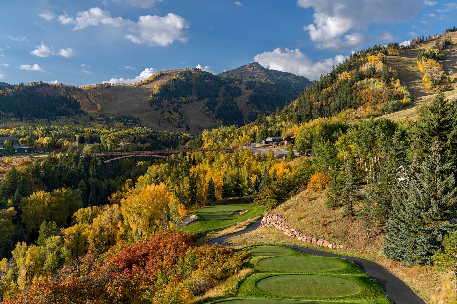 Maroon Creek Club, fairway beneath Buttermilk Mountain along Maroon Creek in Aspen, Colorado