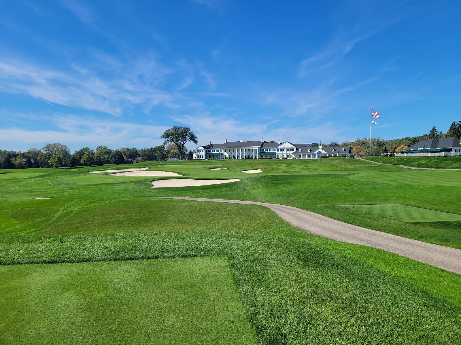 Oakland Hills South Course, deep bunkering framing a fast green at Bloomfield Township, Michigan
