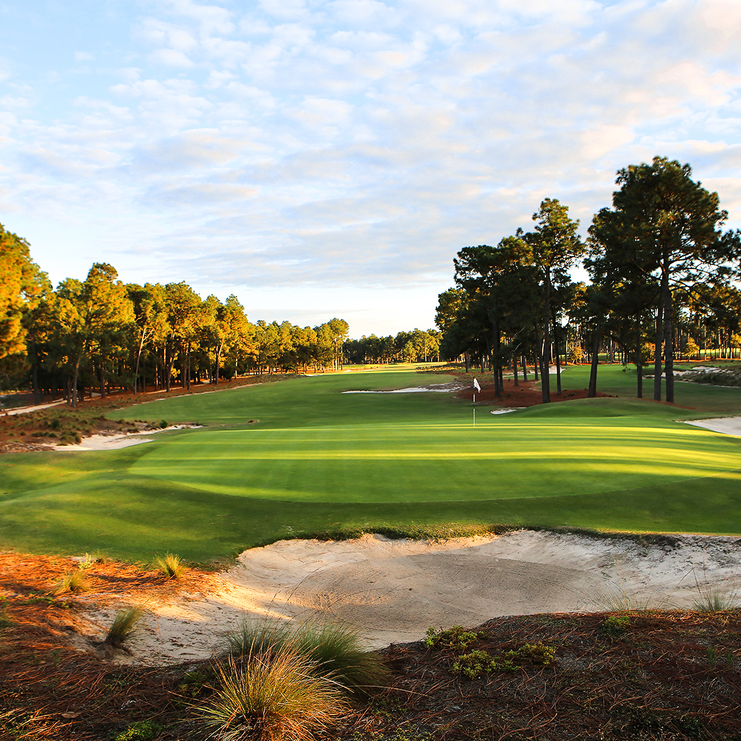 Pinehurst No. 2, a crowned turtleback green ringed by sandy native areas in Pinehurst, North Carolina