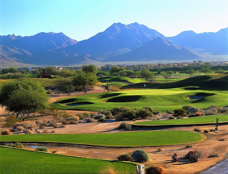 TPC Scottsdale Stadium Course, home of the WM Phoenix Open, with the McDowell Mountains behind