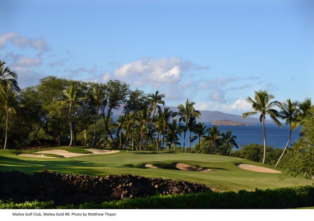 Wailea Gold Course on Maui, the 8th green framed by bunkers, lava rock and palms above the Pacific