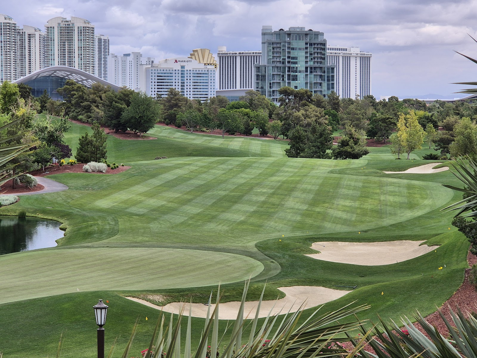 Wynn Golf Club, the only course on the Las Vegas Strip, with the resort towers rising behind the fairways