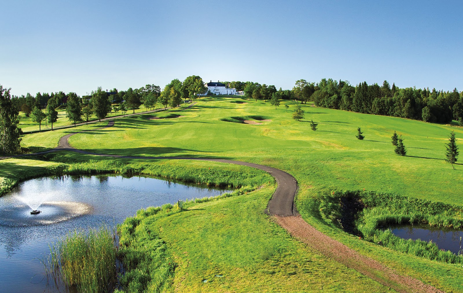 Forest parkland golf course in southern Finland under a low summer sun