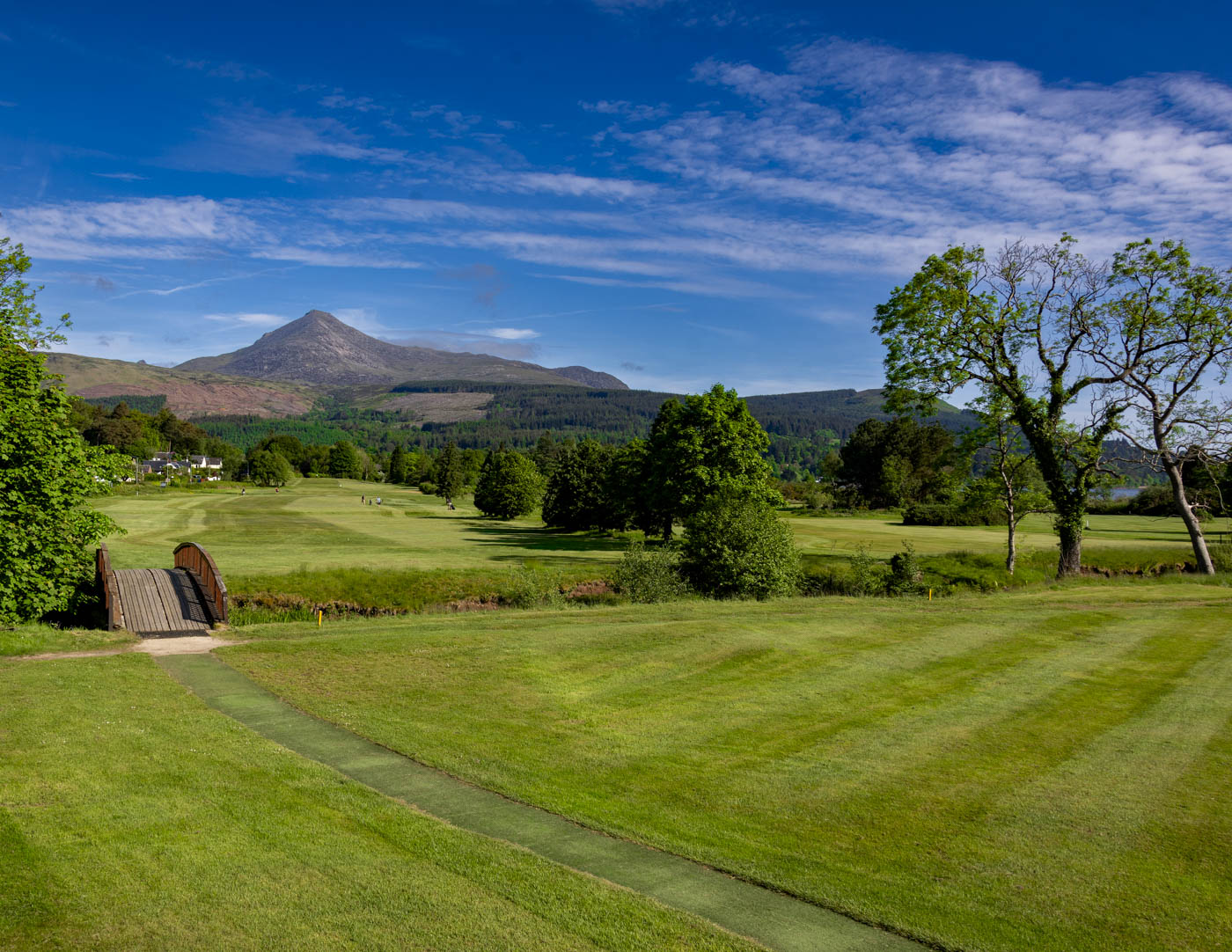 Brodick Golf Club on the Isle of Arran with Goatfell and the Firth of Clyde beyond