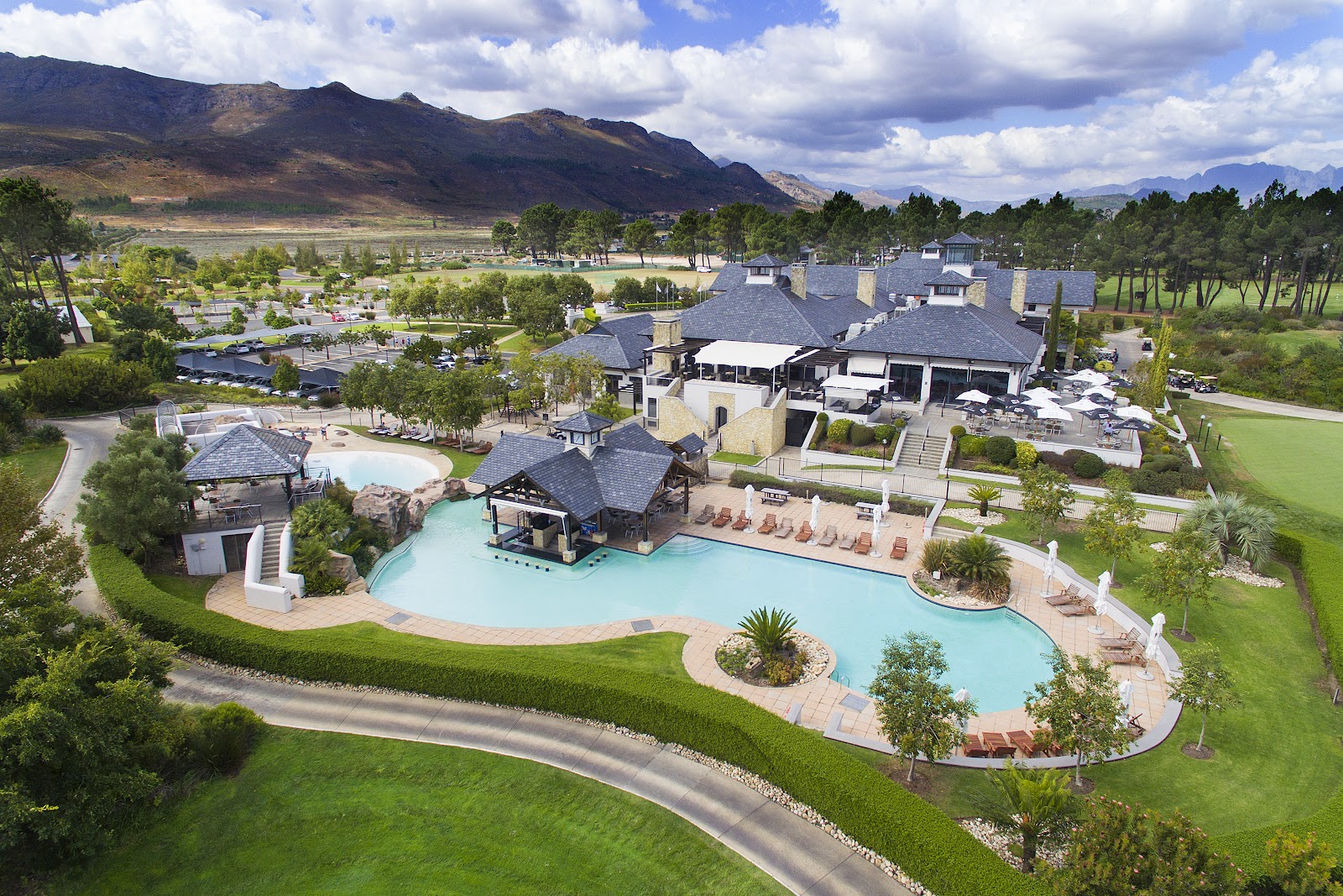 Pearl Valley Jack Nicklaus Signature golf course near Cape Town, with the Winelands mountains behind