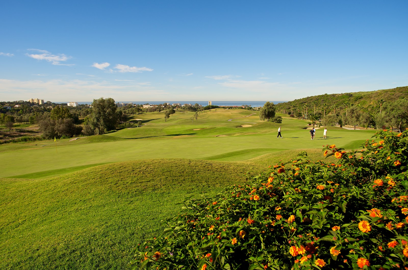 Costa del Sol golf course fairways above the Mediterranean in southern Spain