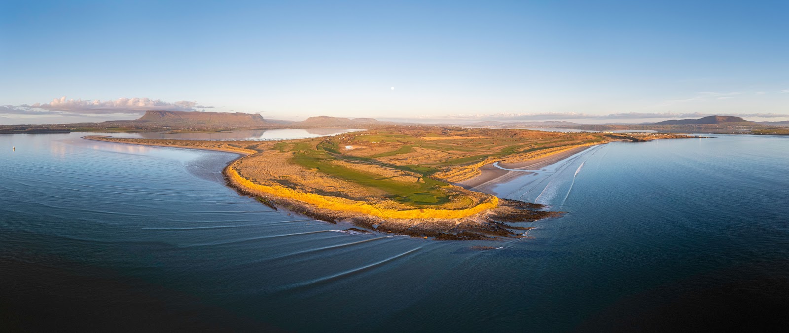 County Sligo Golf Club at Rosses Point, links fairways beneath Benbulben on Sligo Bay
