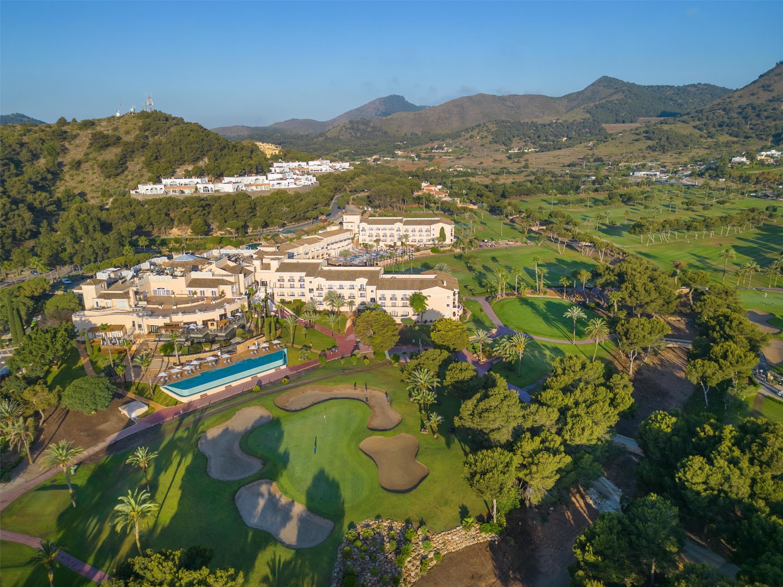 La Manga Club golf resort in Murcia, Spain, fairways and palms beside the Grand Hyatt hotel
