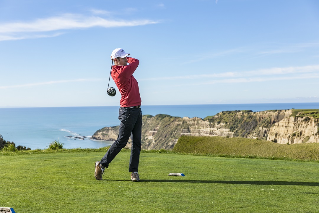 Cape Kidnappers Golf Course, Hawke's Bay, New Zealand, fairway running out toward cliffs above the Pacific